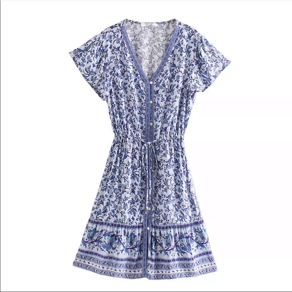 Boho Floral Gypsy Print Button Up Blue Dress - Picture 2 of 6